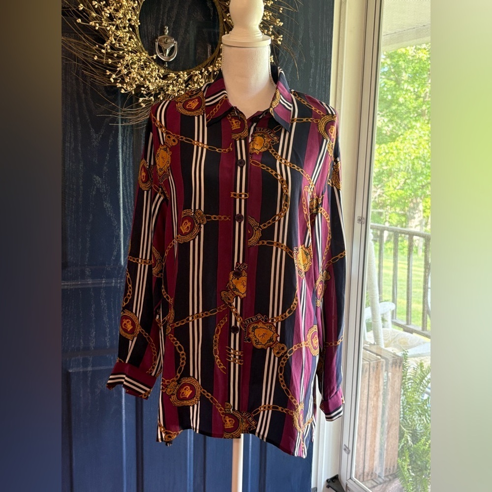 WinterSilks Burgundy Striped 100% Silk Blouse Women’s size 8